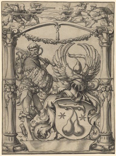 Window design with a Landsknecht and a pear coat of arms