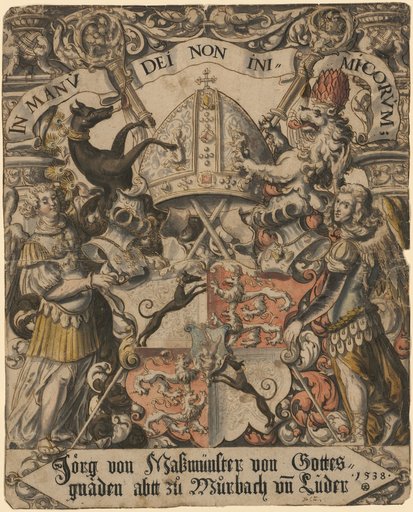 Window design with angels as coat of arms supporters and the coat of arms of Georg von Massmünster, Abbot of Murbach and Lure (Luders)
