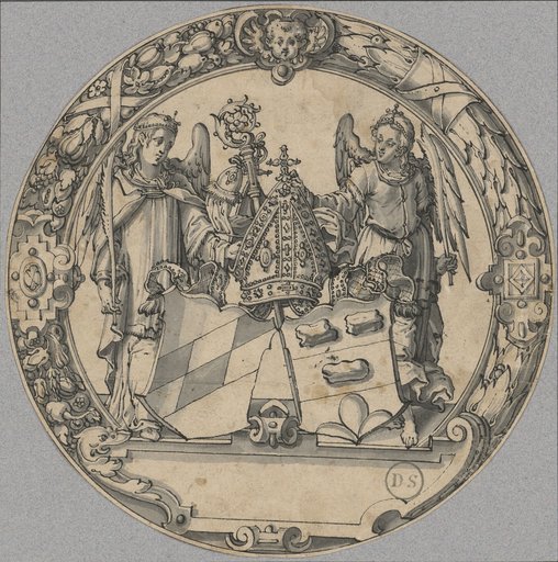 Round window design with two angels as coat of arms supporters and an unidentified abbatial coat of arms