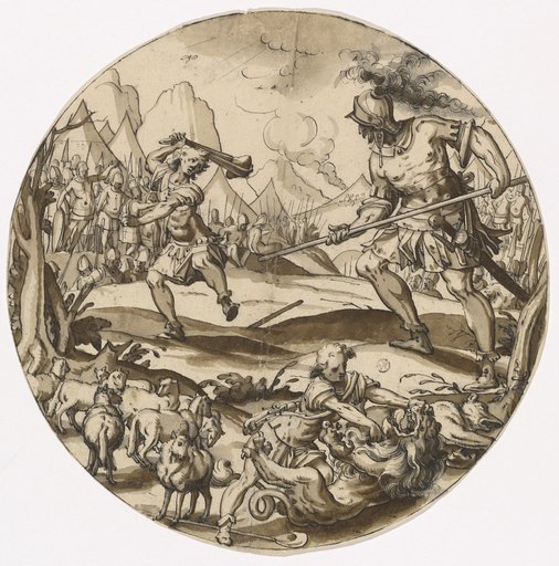Round window design with David's fight against Goliath, with David killing the lion in the foreground