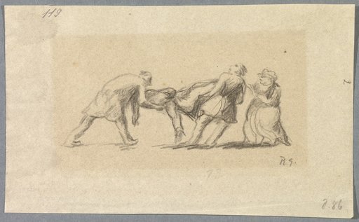 Untitled [Two men carrying an unconscious man past a woman]