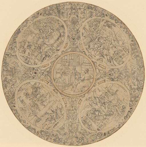 Round design for the interior of a richly decorated drinking bowl