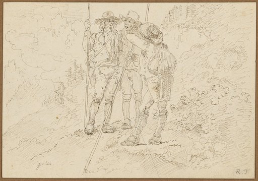 Three Tourists with Long Walking Sticks in Conversation on the Path