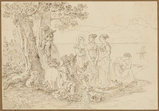 Four Soldiers Sitting and Standing and Talking with Three Young Girls Standing Before Them on the Lakeshore