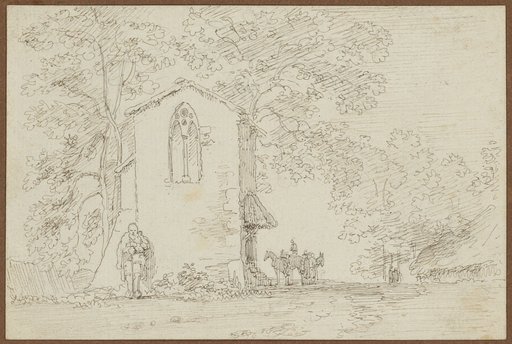 Riders and Horses Before a Roadside Chapel