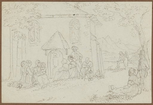 Five Women with a Child and Two Men Sitting by the Road in Front of a Village Church