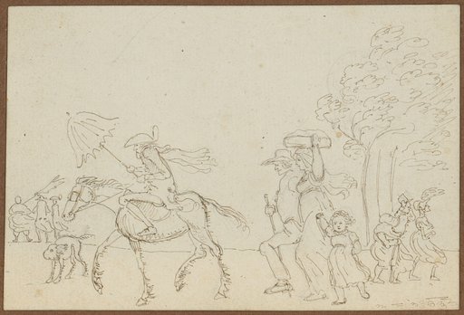 An Old Rider Rides with an Open Umbrella Against the Wind