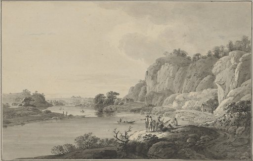 River Landscape with a Steeply Rising Rocky Bank on the Right, with Fishermen on the Beach and on the Water. On Both Sides, Groups of Houses and Villages Rise in the Distance