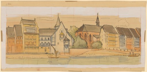 View from the Rhine of the Area of the Seidenhof and the Predigerkirche at Blumenrain, the Dance of Death, and the St. John's Suburb in Basel