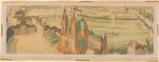 View of the Basel Minster, the Minster Square, and the Rhine Bend, from the Wettstein Bridge to the Knights of St. John's Bridge