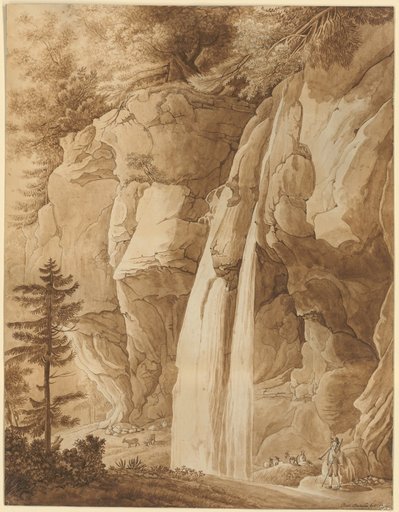 High Waterfall of a Mountain Stream Plunging from a Wooded Cliff; At the Bottom of the Valley a Goat Herd with Flock