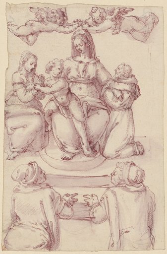 Seated Madonna Crowned by Angels, with Saint Catherine of Alexandria, a Monk, and Two Other Figures