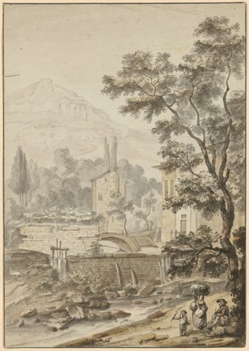Houses by the Stream. A Group of Figures in the Lower Right