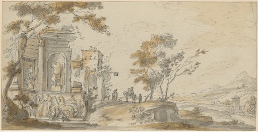 River Landscape with a Roman Monument in the Foreground Left and a Group of Figures in the Middle Ground
