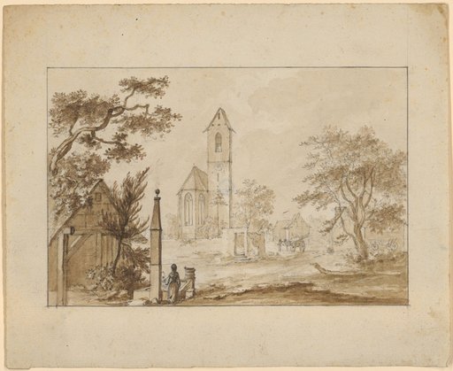 Walled Gothic Village Church. A Female Figure at a Well in the Foreground