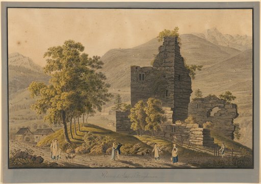 Ruins of Attinghausen Castle. On the Road in Front, Farmers and Shepherds Are Shouting. A Young Couple Dressed in Urban Attire Observes the Ruins