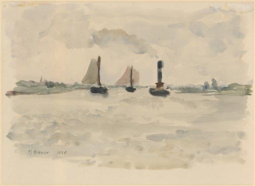 Dutch river landscape with two sailing ships and a steamship