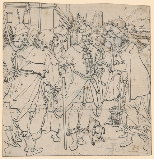 Design for a central panel with David and Abigail shaking left hands. Armed retinue surrounds David.