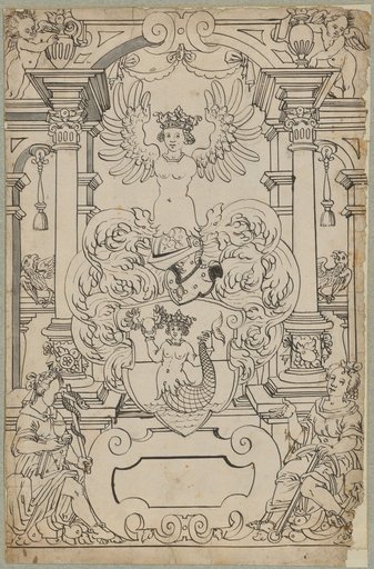 Stained-glass design with a coat of arms featuring a crowned mermaid, with Fides and Spes in the lower corners.