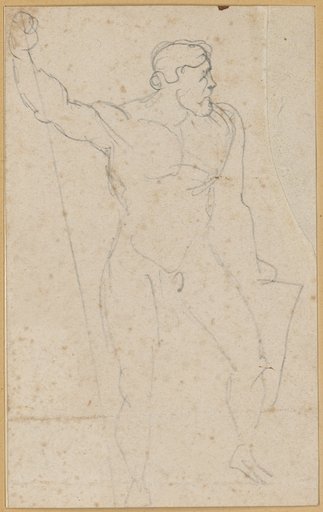 Naked, Heracles-like warrior standing with legs apart, leaning on the lance with his right hand.