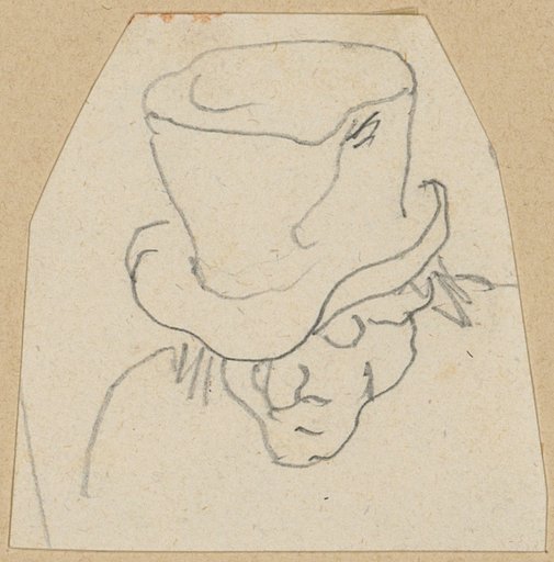 Bust of a peasant man, head slightly lowered and high hat pushed deep over his forehead.