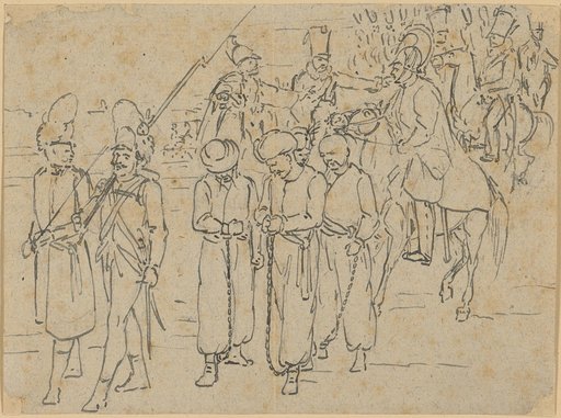 Military procession with captured Turks and riders.