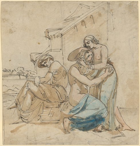 Group of figures in front of a wall.