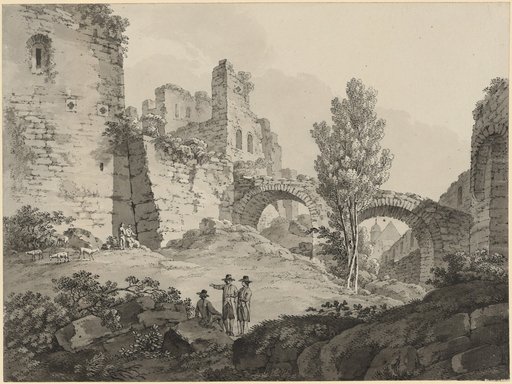 Ruined Landscape with Destroyed Castle Complex and Two-Arch Bridge