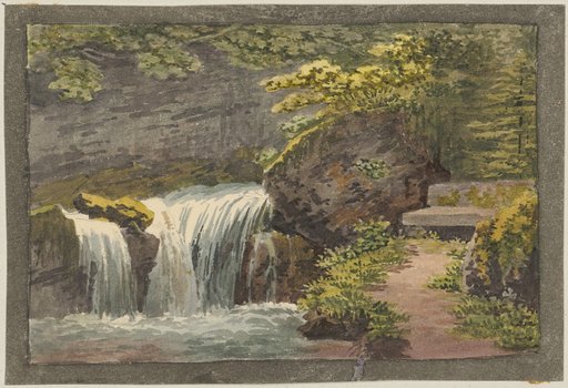 Stream Weir with a Bank Path on the Right Leading to a Stone Bench