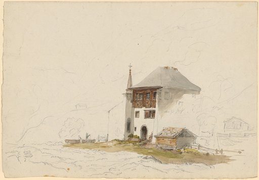 Parsonage and Chapel in the Mountains. Fountain, Gate, and Two Log Cabins