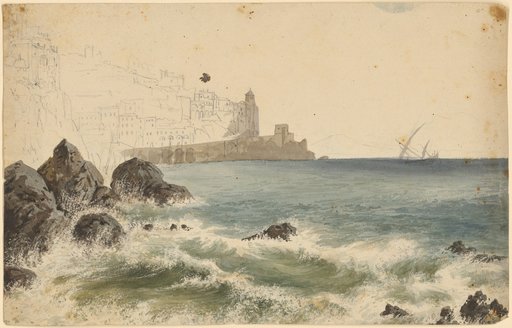 At Posilippo near Naples. In the foreground to the left the rocky coast
