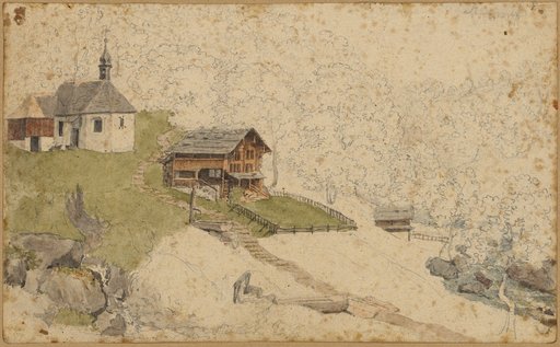 Mountain chapel and two-story farmhouse on the slope
