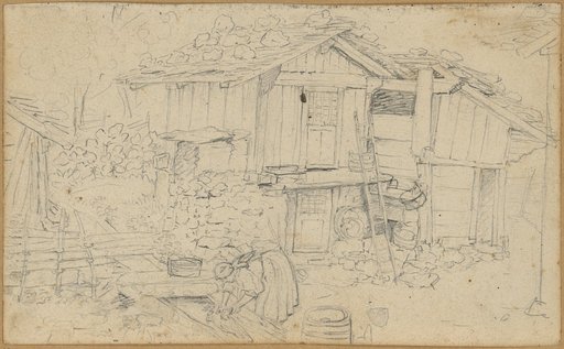 Washerwoman in front of three farm buildings