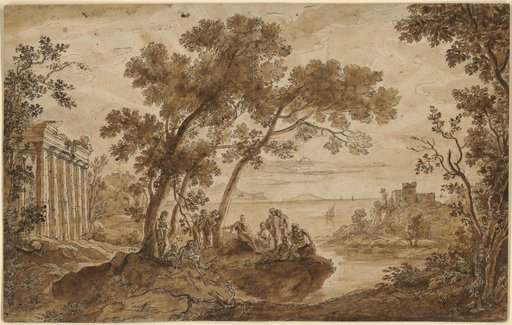 Landscape with young men and men at a temple