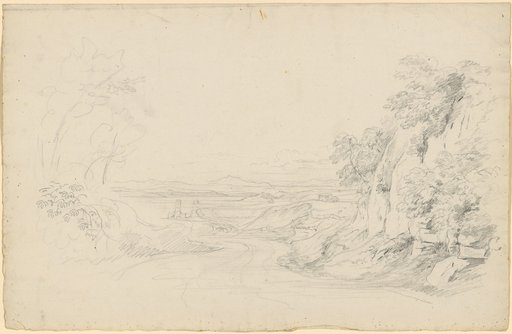Italian Landscape with a Steep Slope on the Right and a View into a River Valley with Distant Mountains