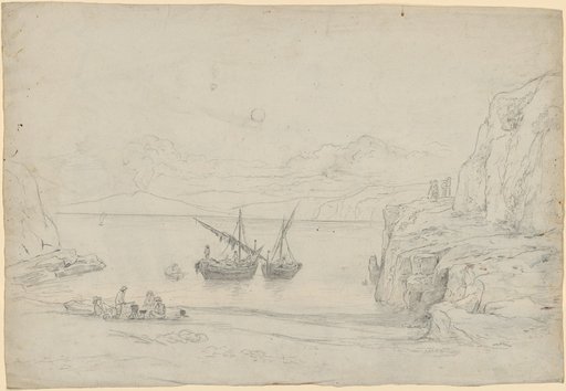 Sea Cove with a View of Vesuvius. In the Foreground at the Shore, Cooking Fishermen; on the Steep Cliff to the Upper Right, a Few Girls. In the Water, Two Fishing Boats