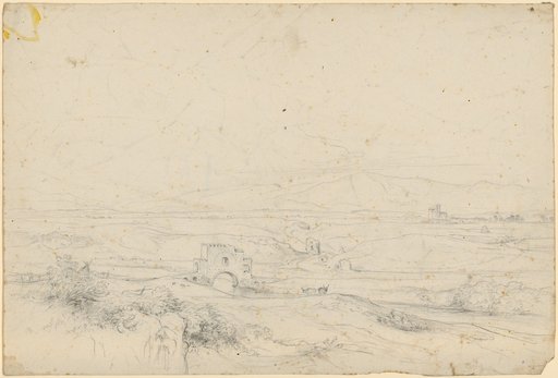 Italian River Valley with Scattered Bridges and Ruins and Distant Mountains