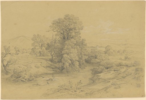 Wide River Valley with Shrubs and Trees and a Distant View of a Large Building Complex and Mountains