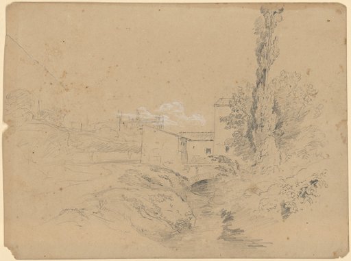 Stream, Path, Buildings, and Trees, Including a Poplar