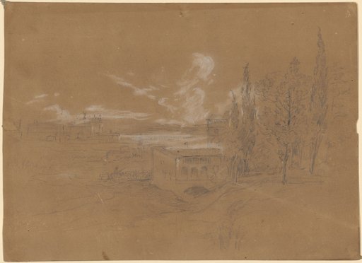 Campagna Landscape with an Aqueduct in the Middle Ground Behind Buildings and Trees