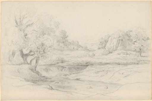 Meadow Valley with a Small Weir Before Wooded Rocky Slopes