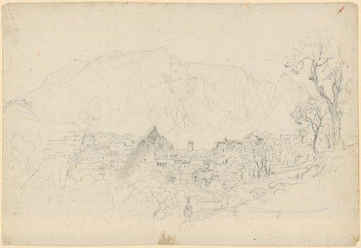 Italian City at the Foot of a Mountain Massif. In the Center, a Dome Church; to the Right, a Few Trees