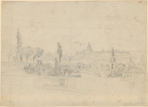 View from Monte Pincio to St. Peter's in Rome. In the Foreground, the Terrace Balustrade