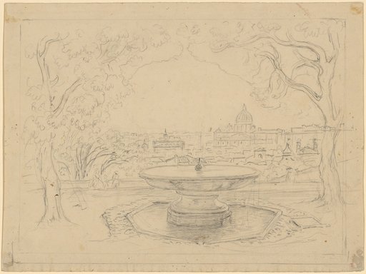 View from the Pincio to St. Peter's. In the Foreground, the Fountain on the Terrace, Surrounded by Trees