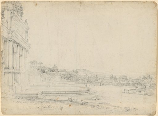 Aqua Paola with a View of Rome. Fontana Pauli. To the Left, the Fountain