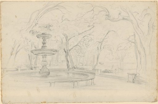 Fountain with three basins in a park. Cattle grazing at the edge