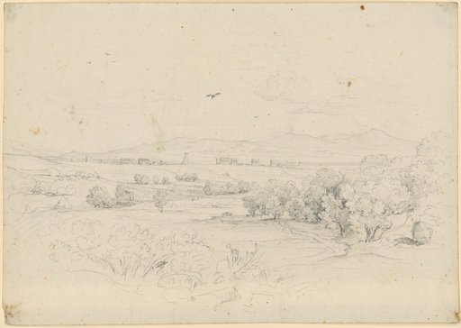 Roman Campagna with the ruins of an aqueduct along the foot of the mountains