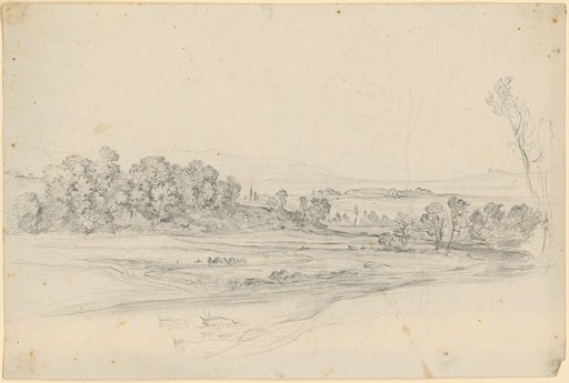 Italian valley landscape. In the foreground a small wooded hill, before it a few cattle