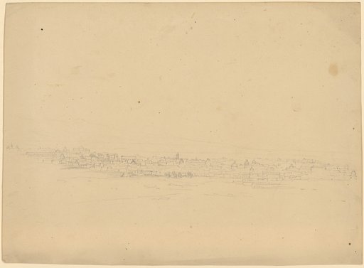Italian town in the valley. In the distance faintly indicated mountain ranges