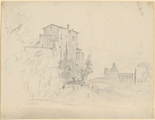 Building on a slope, in the background a domed church